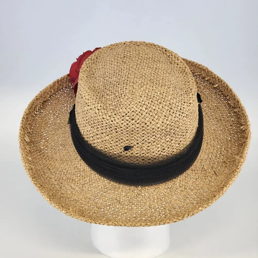 Eric Javits Luxury Squishee Sun Hat Beige Packable Woven Rose Brim Hatpin Vtg - Picture 5 of 14